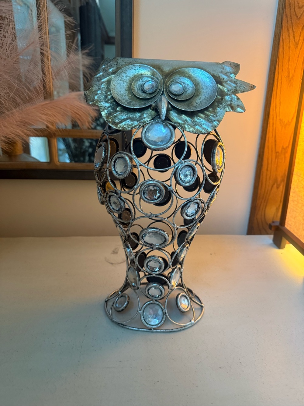Pier One Decorative Owl Sculpture in Silver with Crystal Accents